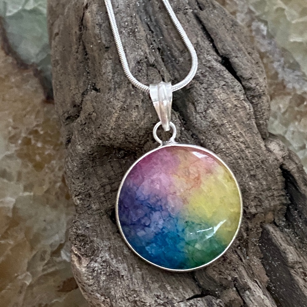 Rainbow Solar Quartz Round Pendant.  Sterling Silver Overlay, FREE silver chain!